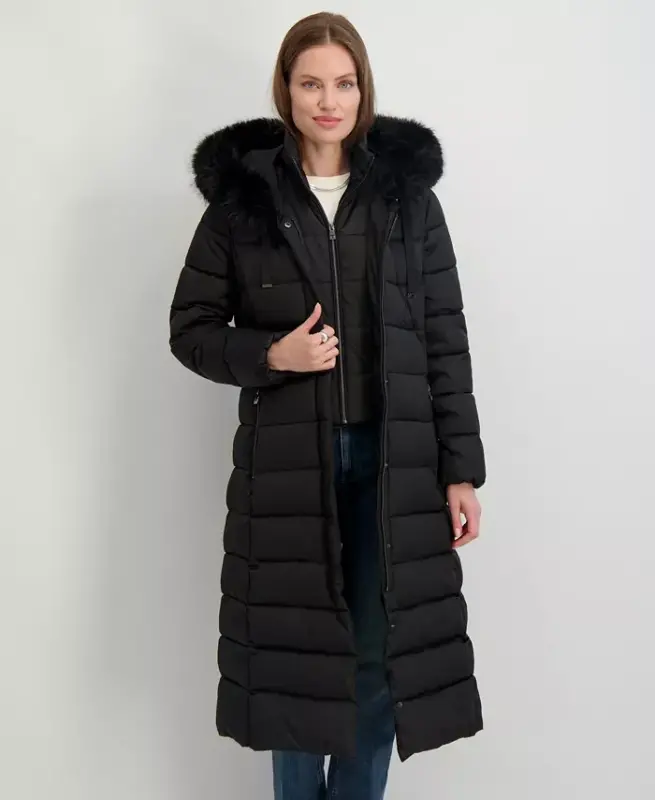 Womens Maxi Shine Bibbed Faux-Fur-Trimmed Hooded Puffer Coat - Black - 3