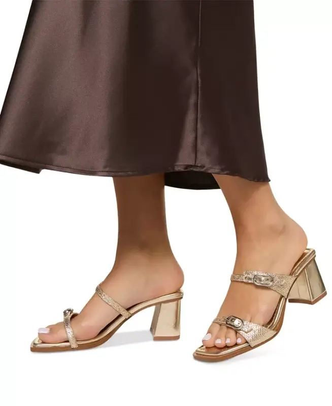 Women's Maymay Buckle Double Band Block-Heel Slide Sandals - Gold Raffia - 6