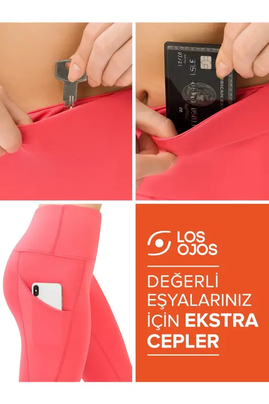 Kadın Mercan Kemerli Yüksek Bel Çift Cepli Toparlayıcı Spor Tayt - Mercan - 4