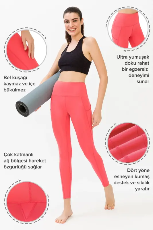 Kadın Mercan Kemerli Yüksek Bel Çift Cepli Toparlayıcı Spor Tayt-Mercan - 3