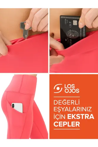 Kadın Mercan Kemerli Yüksek Bel Çift Cepli Toparlayıcı Spor Tayt-Mercan - 4