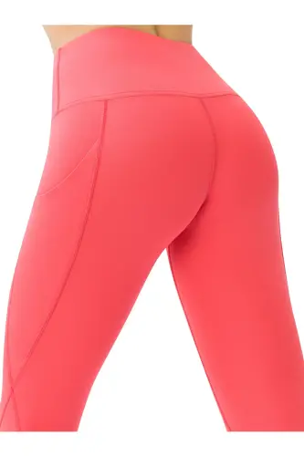 Kadın Mercan Kemerli Yüksek Bel Çift Cepli Toparlayıcı Spor Tayt-Mercan - 5