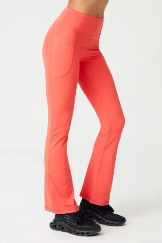 Kadın Mercan Yüksek Bel Toparlayıcı Çift Cepli Ispanyol Paça Tayt Bootcut - Mercan - 3