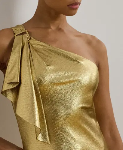 Women's Metallic Charmeuse One-Shoulder Gown - Gold - 3