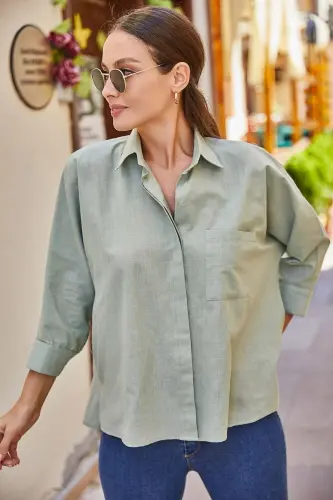 Kadın Mint Cepli Salaş Keten Gömlek ARM-21Y001035-Mint - ARMONIKA (1)