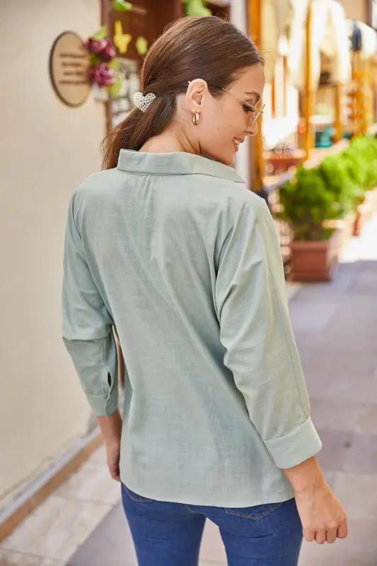 Kadın Mint Cepli Salaş Keten Gömlek ARM-21Y001035-Mint - 3