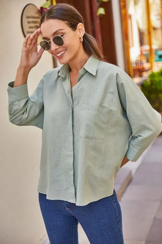 Kadın Mint Cepli Salaş Keten Gömlek ARM-21Y001035-Mint - ARMONIKA
