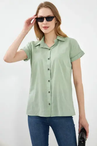 Kadın Mint Kısa Kol Keten Gömlek ARM-24Y001038-Mint - 1