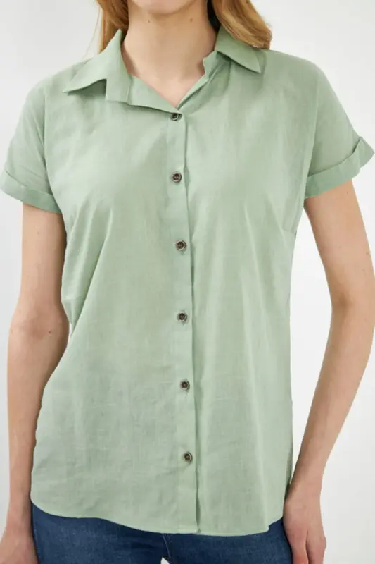 Kadın Mint Kısa Kol Keten Gömlek ARM-24Y001038-Mint - 2