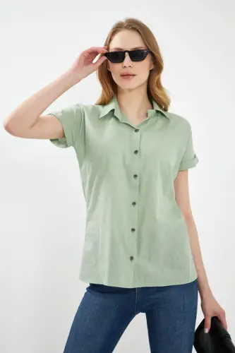 Kadın Mint Kısa Kol Keten Gömlek ARM-24Y001038-Mint - 3