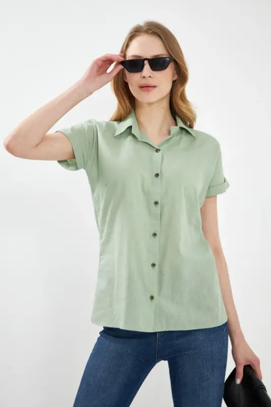 Kadın Mint Kısa Kol Keten Gömlek ARM-24Y001038-Mint - 3