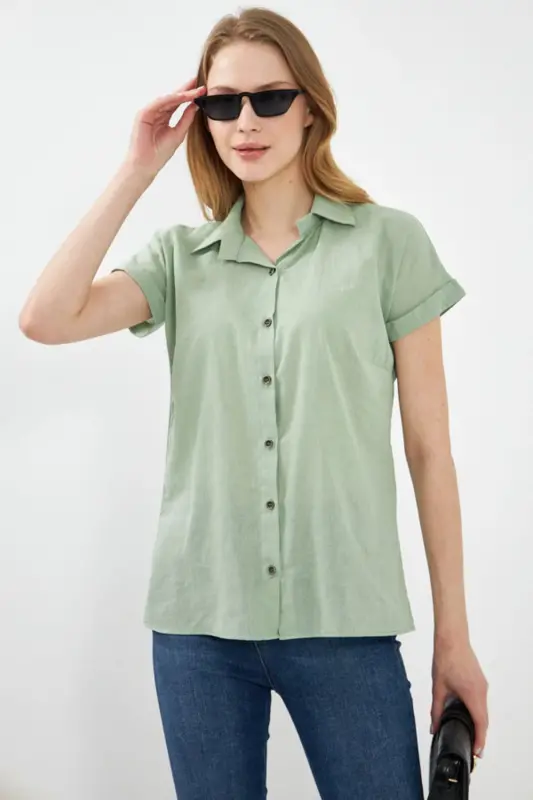 Kadın Mint Kısa Kol Keten Gömlek ARM-24Y001038-Mint - ARMONIKA