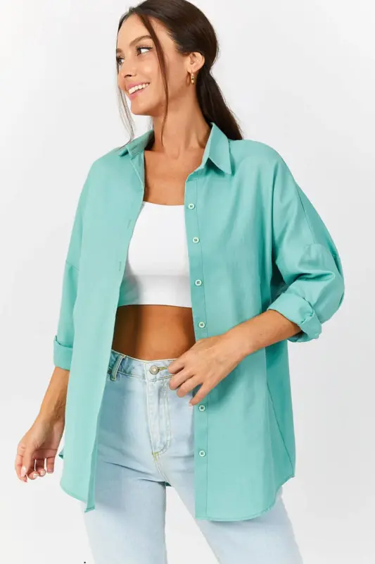 Kadın Mint Oversize Uzun Basic Gömlek ARM-22Y001118-Mint - ARMONIKA