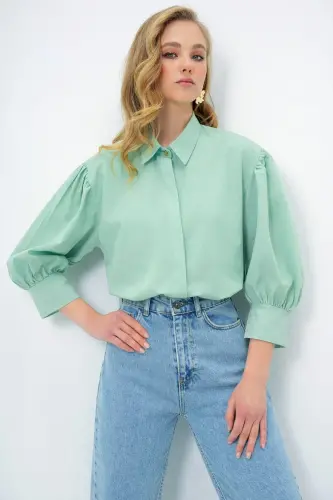 Kadın Mint Yeşili Balon Kol Desenli Baskılı Viscon Dokuma Gömlek Alc-X9654-MİNT YEŞİLİ - 1