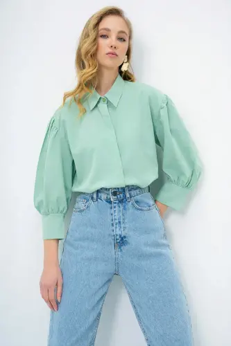 Kadın Mint Yeşili Balon Kol Desenli Baskılı Viscon Dokuma Gömlek Alc-X9654-MİNT YEŞİLİ - 2