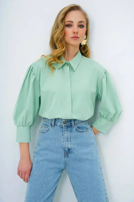 Kadın Mint Yeşili Balon Kol Desenli Baskılı Viscon Dokuma Gömlek Alc-X9654-MİNT YEŞİLİ - 3