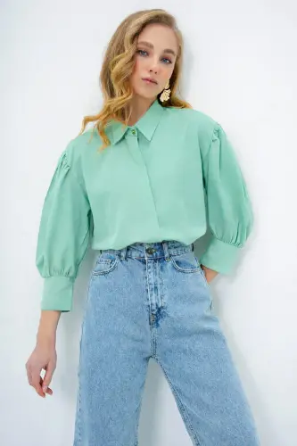 Kadın Mint Yeşili Balon Kol Desenli Baskılı Viscon Dokuma Gömlek Alc-X9654-MİNT YEŞİLİ - 4