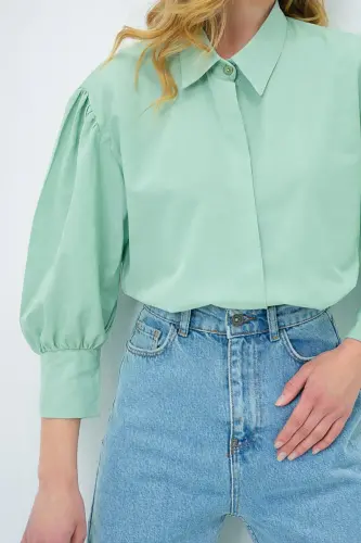 Kadın Mint Yeşili Balon Kol Desenli Baskılı Viscon Dokuma Gömlek Alc-X9654-MİNT YEŞİLİ - 5