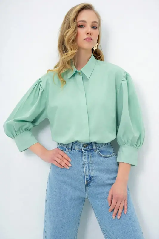 Kadın Mint Yeşili Balon Kol Desenli Baskılı Viscon Dokuma Gömlek Alc-X9654-MİNT YEŞİLİ - TREND ALAÇATI STILI