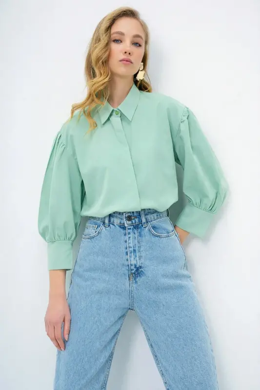 Kadın Mint Yeşili Balon Kol Desenli Baskılı Viscon Dokuma Gömlek Alc-X9654-MİNT YEŞİLİ - 2