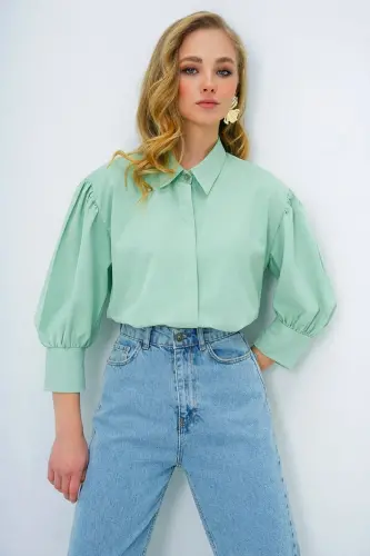 Kadın Mint Yeşili Balon Kol Desenli Baskılı Viscon Dokuma Gömlek Alc-X9654-MİNT YEŞİLİ - 3