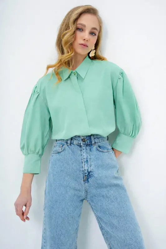 Kadın Mint Yeşili Balon Kol Desenli Baskılı Viscon Dokuma Gömlek Alc-X9654-MİNT YEŞİLİ - 4