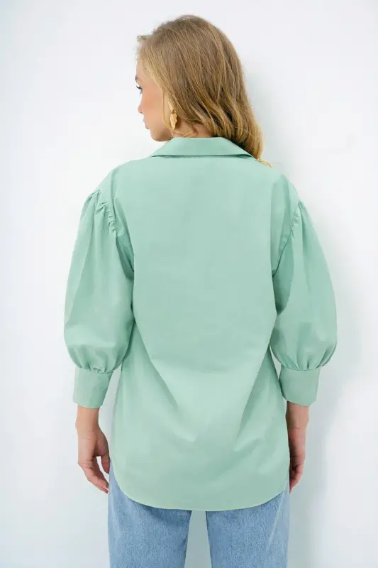 Kadın Mint Yeşili Balon Kol Desenli Baskılı Viscon Dokuma Gömlek Alc-X9654-MİNT YEŞİLİ - 6