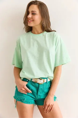Mintgrünes Damen-T-Shirt mit Steindetail und normaler Passform TSH-19000831 - Mintgrün - 4