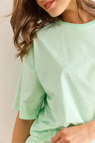 Mintgrünes Damen-T-Shirt mit Steindetail und normaler Passform TSH-19000831 - Mintgrün - 6
