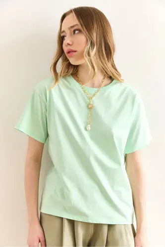 Kadın Mint Yeşili Bisiklet Yaka Basic Tişört TSH-19000774 - Mint Yeşili - OLALOOK (1)
