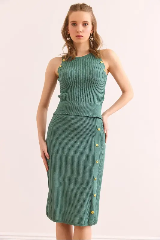 Kadın Mint Yeşili Düğme Detaylı Alt Üst Triko Takım TKM-19000367-Mint Yeşili - OLALOOK