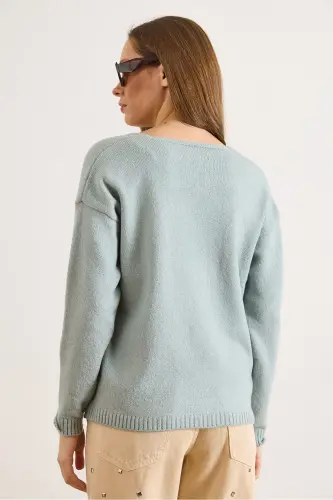 Kadın Mint Yeşili V Yaka Yumuşak Dokulu Triko Kazak KZK-19000598-Mint Yeşili - OLALOOK (1)