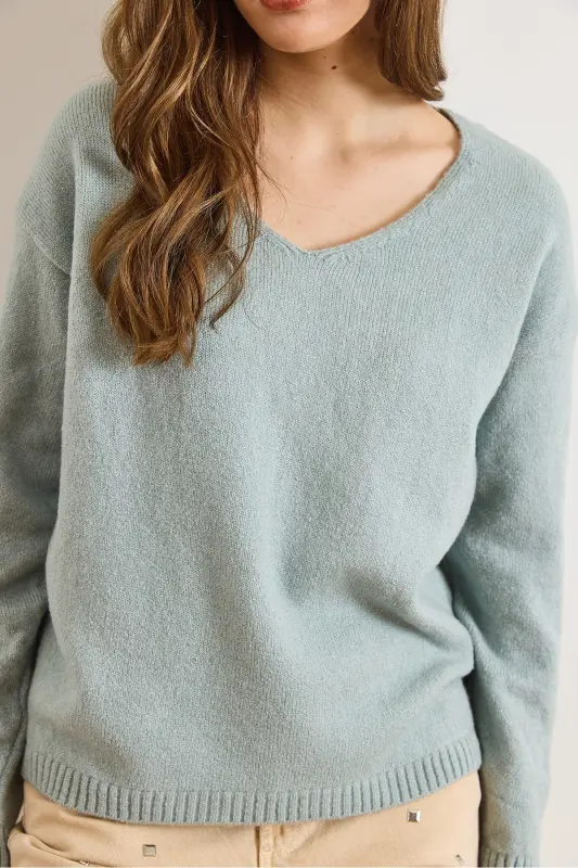 Kadın Mint Yeşili V Yaka Yumuşak Dokulu Triko Kazak KZK-19000598-Mint Yeşili - 3