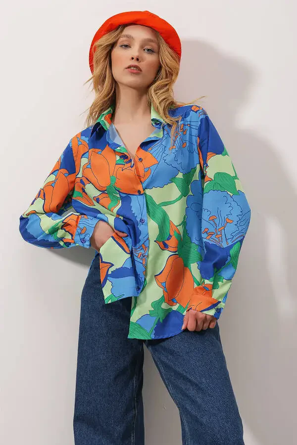 Kadın Mix Oversize Uzun Dokuma Gömlek ALC-X6828-Mix - 4