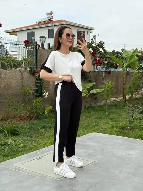 Kadın Modal Dokulu Kumaş Yanı şeritli Takım - BÜYÜKBEDENIZ