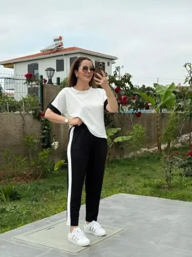 Kadın Modal Dokulu Kumaş Yanı şeritli Takım - BÜYÜKBEDENIZ (1)