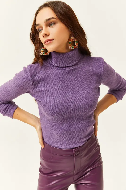 Kadın Mor Balıkçı Yaka Şardonlu Kaşkorse Kazak KZK-19000395-Mor - OLALOOK