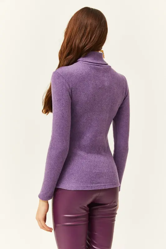 Kadın Mor Balıkçı Yaka Şardonlu Kaşkorse Kazak KZK-19000395-Mor - 2