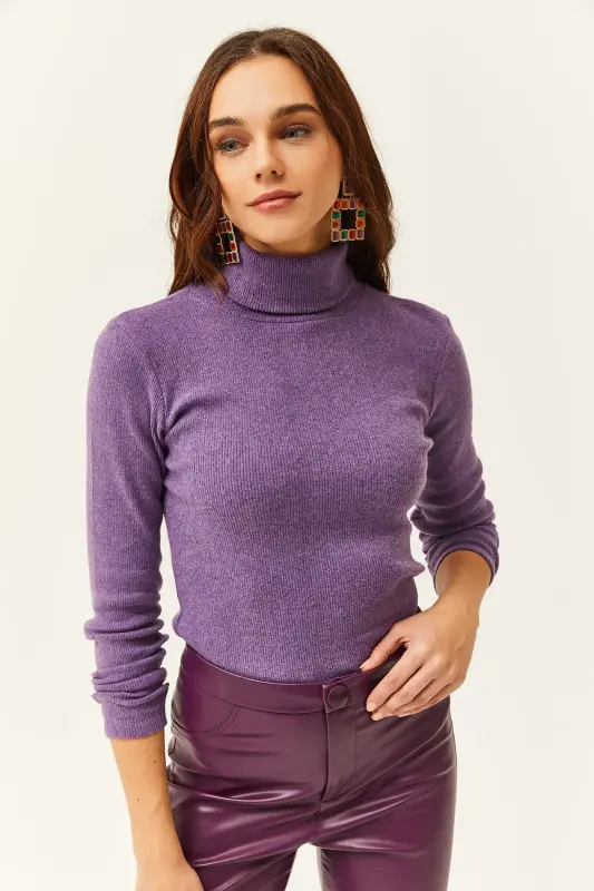 Kadın Mor Balıkçı Yaka Şardonlu Kaşkorse Kazak KZK-19000395-Mor - 3