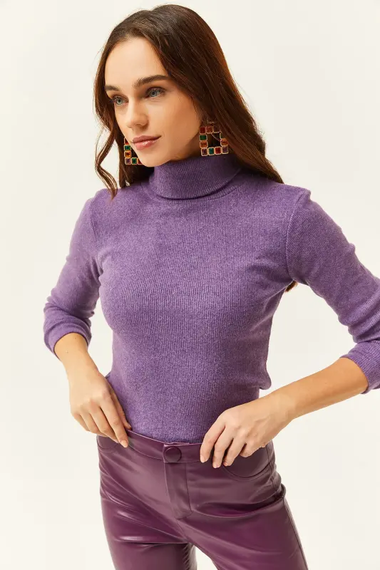 Kadın Mor Balıkçı Yaka Şardonlu Kaşkorse Kazak KZK-19000395-Mor - 5