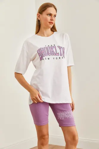 Kadın Mor Baskılı Tayt Tişört Takım TKM-19000301-Mor - 6