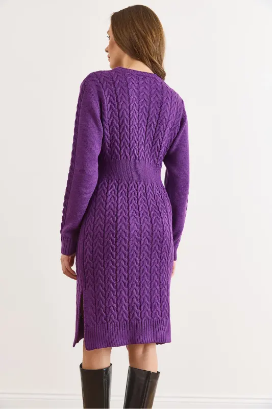 Kadın Mor Beli Bantlı Yırtmaçlı Saç Örgü Mini Elbise ELB-19002289-Mor - 3