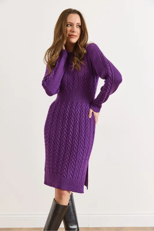 Kadın Mor Beli Bantlı Yırtmaçlı Saç Örgü Mini Elbise ELB-19002289-Mor - 5