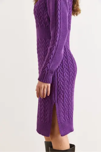 Kadın Mor Beli Bantlı Yırtmaçlı Saç Örgü Mini Elbise ELB-19002289-Mor - 4