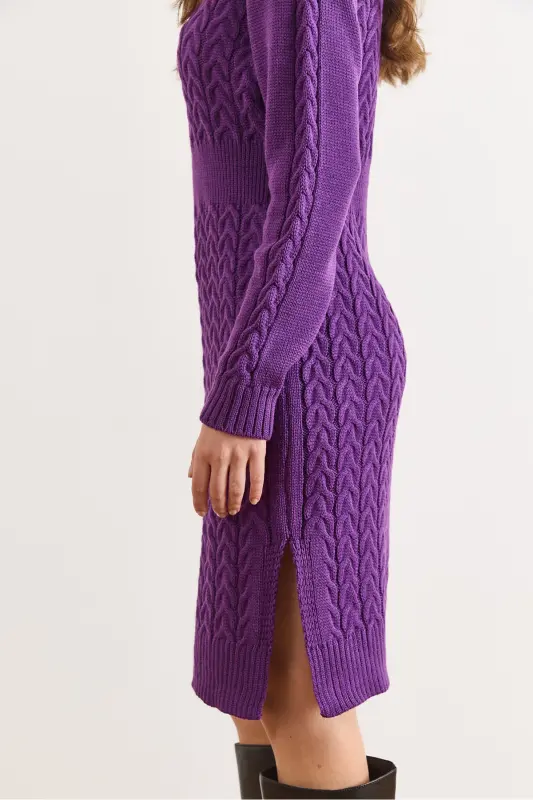 Kadın Mor Beli Bantlı Yırtmaçlı Saç Örgü Mini Elbise ELB-19002289-Mor - 4