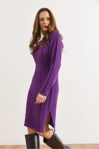 Kadın Mor Beli Bantlı Yırtmaçlı Saç Örgü Mini Elbise ELB-19002289-Mor - 6