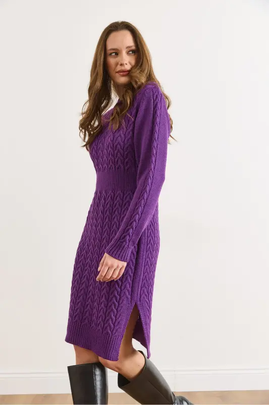 Kadın Mor Beli Bantlı Yırtmaçlı Saç Örgü Mini Elbise ELB-19002289-Mor - 6