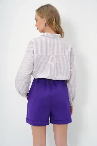 Kadın Mor Beli Lastikli Kemerli Çift Cep Duble Paça Carrot Gabardin Şort ALC-X8450-Mor - 5