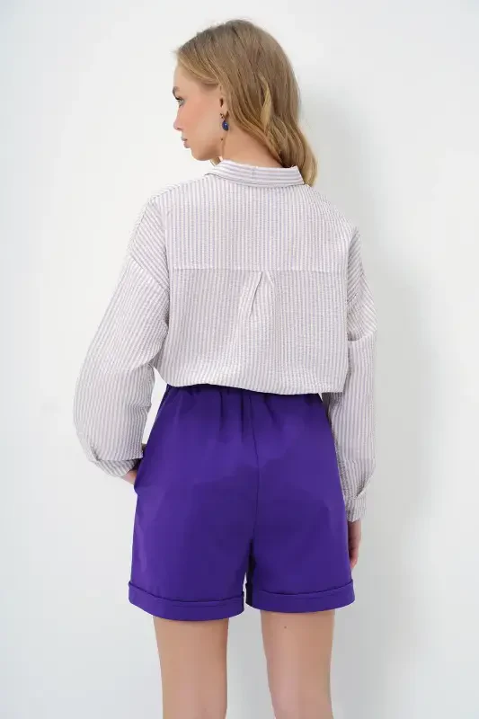 Kadın Mor Beli Lastikli Kemerli Çift Cep Duble Paça Carrot Gabardin Şort ALC-X8450-Mor - 5