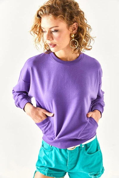 Kadın Mor Cep Detaylı Yumuşak Dokulu Sweatshirt SWT-19000616-Mor - 2